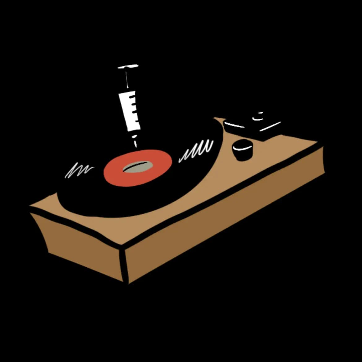Viñeta de un tocadiscos con una jeringuilla por aguja